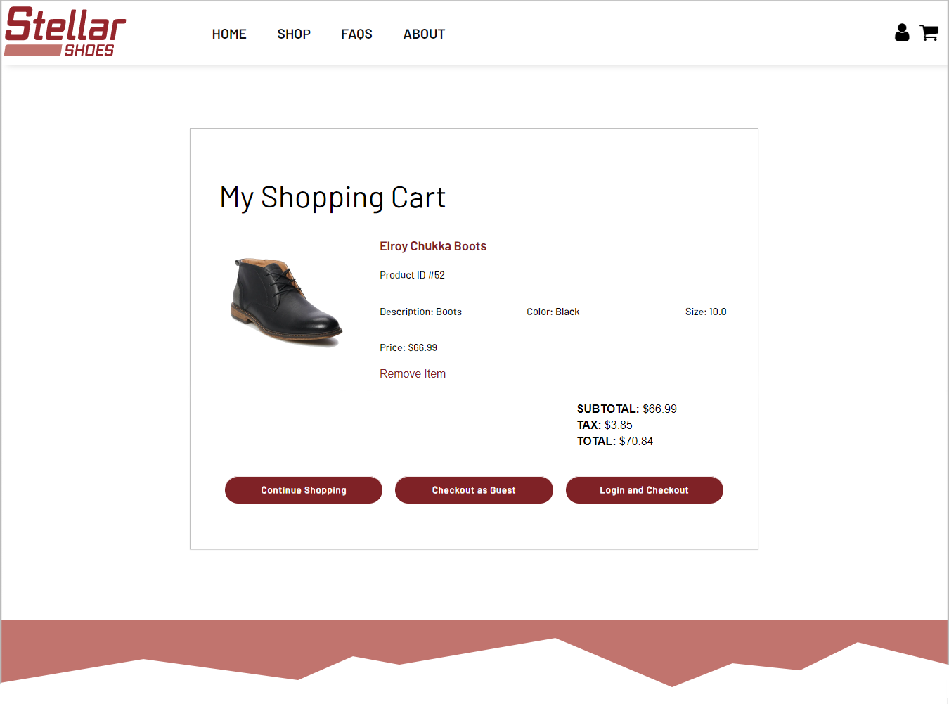 shopping cart page of the Stellar Shoes website